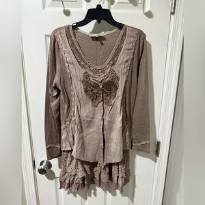 Pretty Angel Tan Long Sleeve Top with Lace Accents